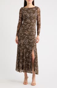 Eliza J Paisley Long Sleeve Mesh Maxi Dress