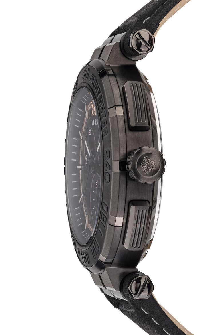Greca Detailed Leather Strap Watch, 45mm, Alternate, color, BLACK
