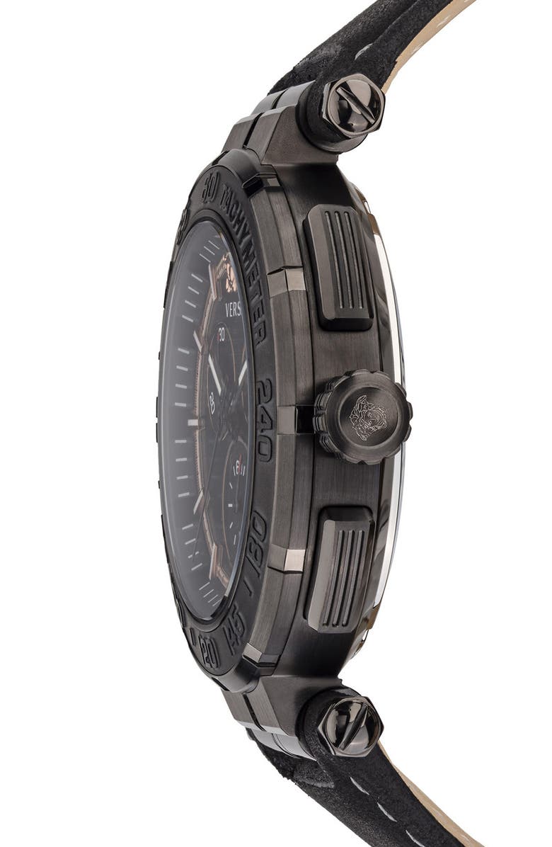 Versace Greca Detailed Leather Strap Watch, 45mm, Alternate, color, 