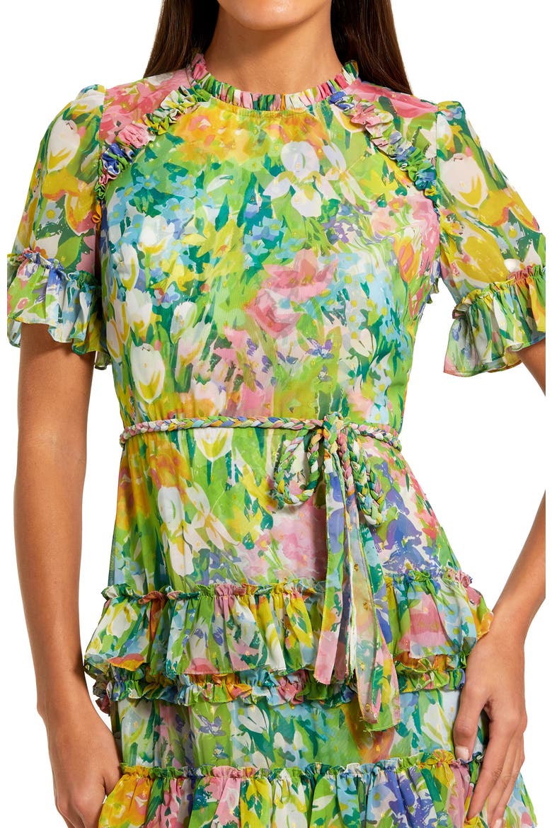 mac duggal floral print chiffon puff sleeve tiered hem dress Floral Printed Chiffon Tiered Ruffle Gown (Women)