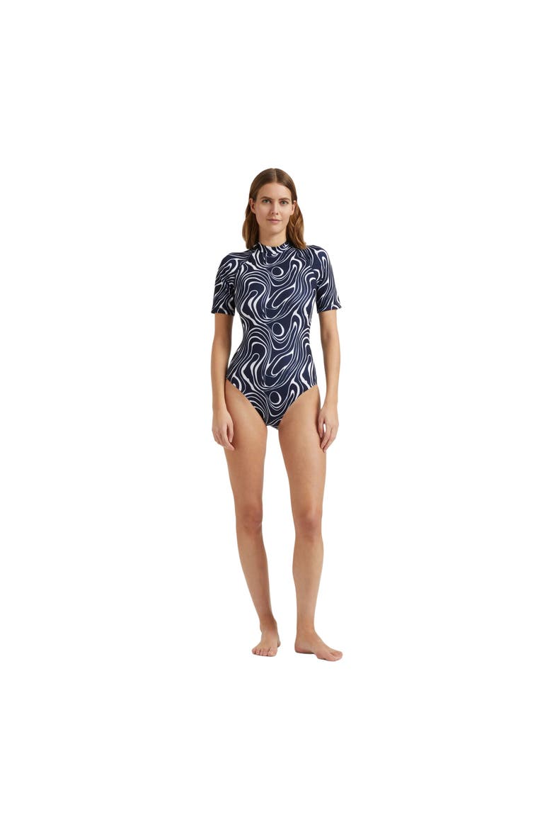 Women Short Sleeves UV Protection One-piece Rashguard Waves, Alternate, color, navy