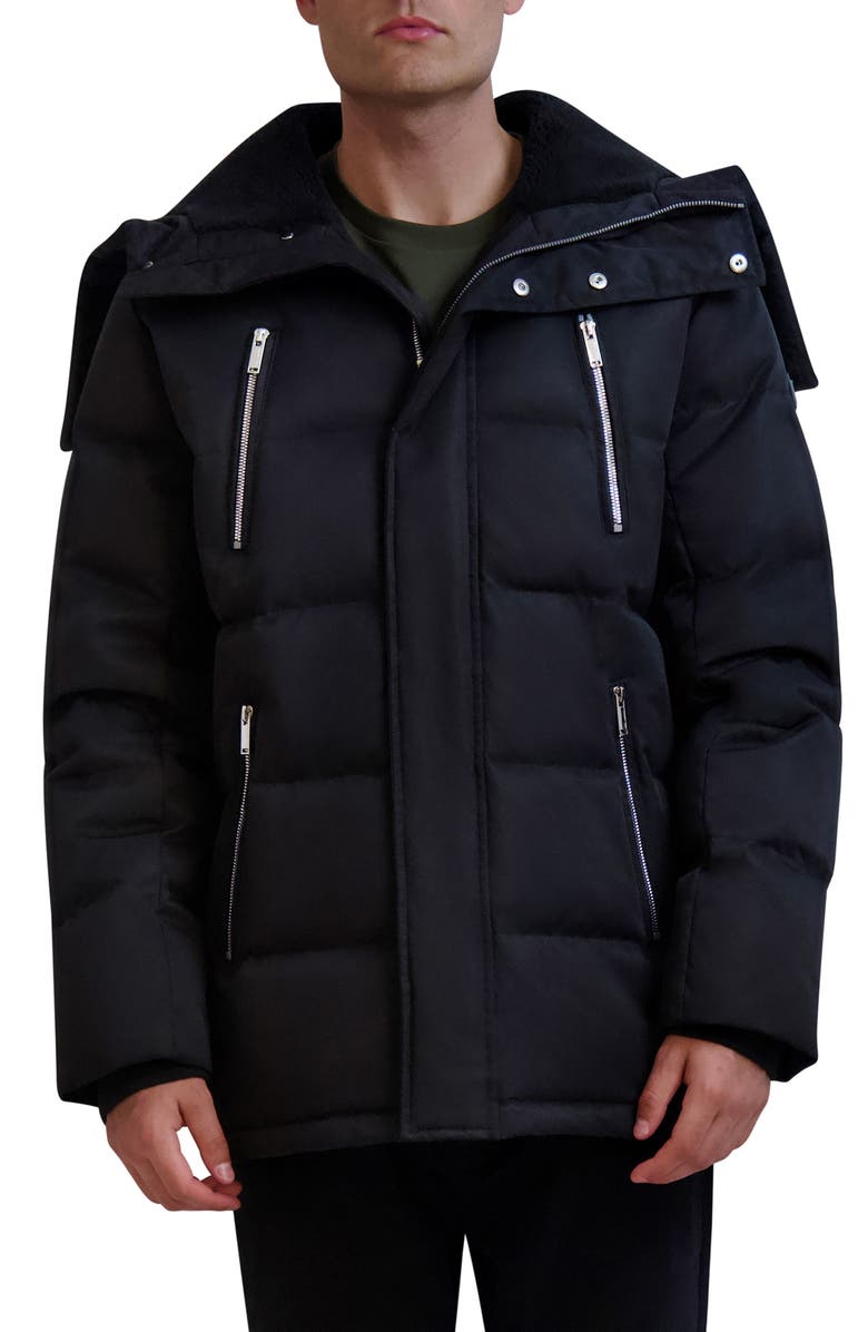 KARL LAGERFELD PARIS Faux Fur Lined Down & Feather Fill Quilted Jacket, Main, color, Black