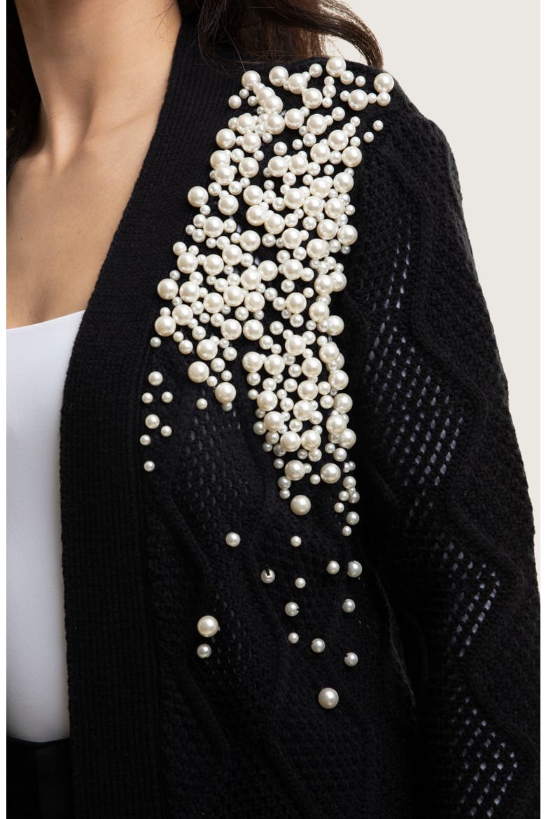Faux Pearl Open Knit Cardigan, Alternate, color, BLACK