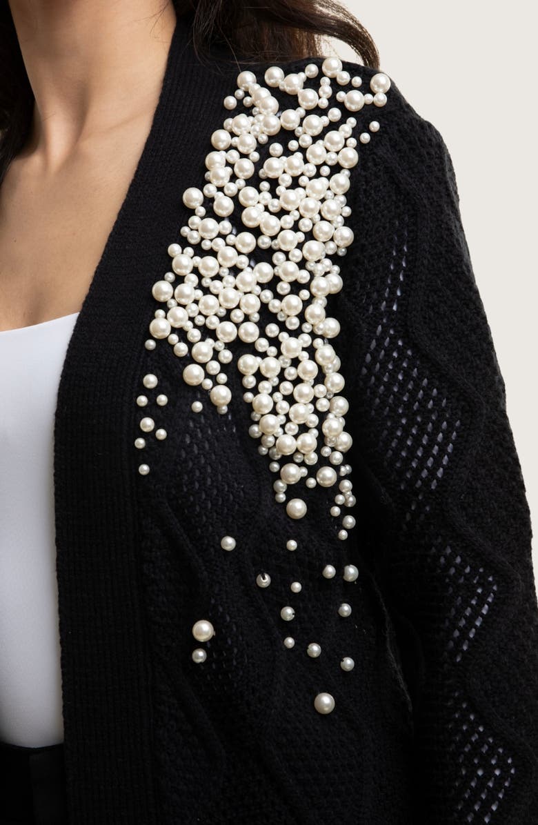 SAACHI Faux Pearl Open Knit Cardigan, Alternate, color, Black