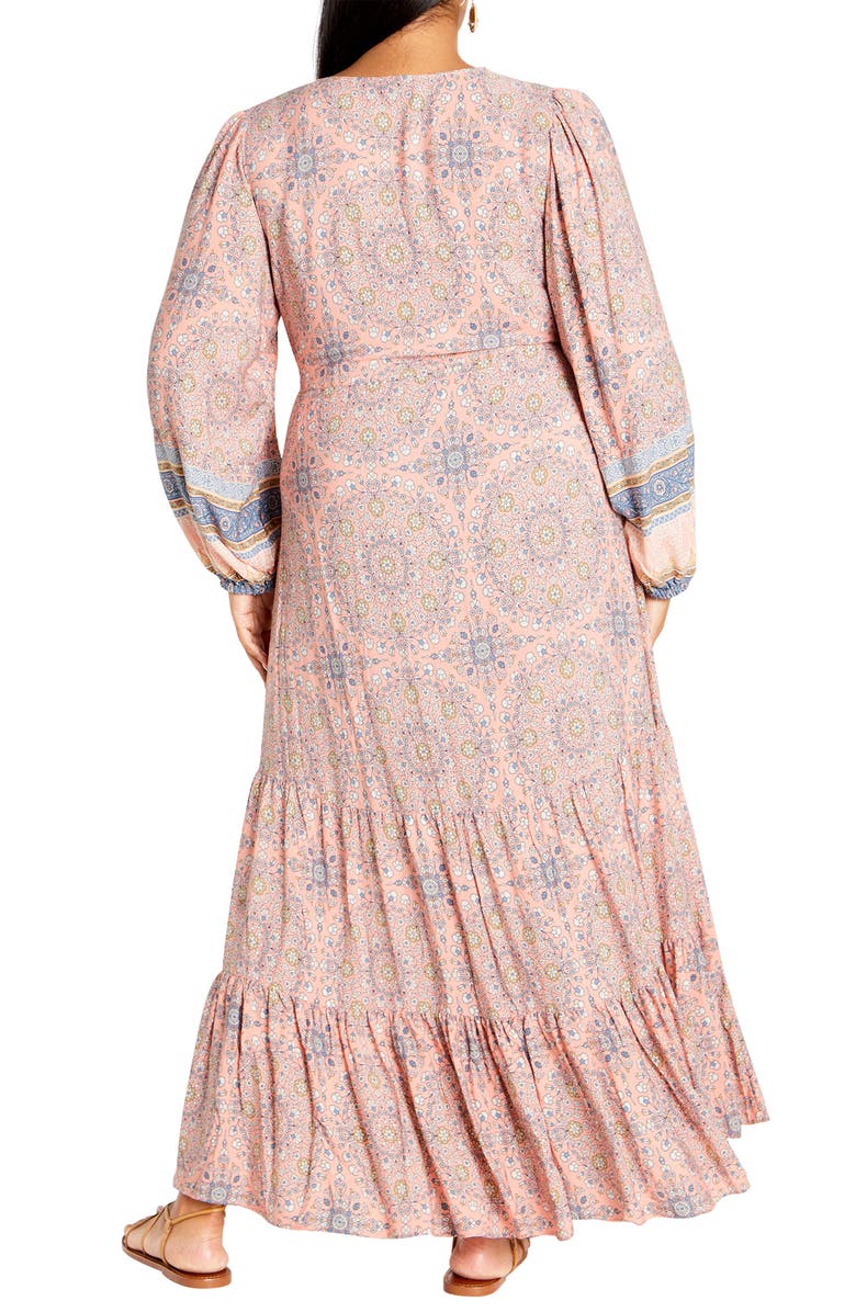 City Chic Clover Tie Belt Button Front Long Sleeve Maxi Dress, Alternate, color, Peachy Border