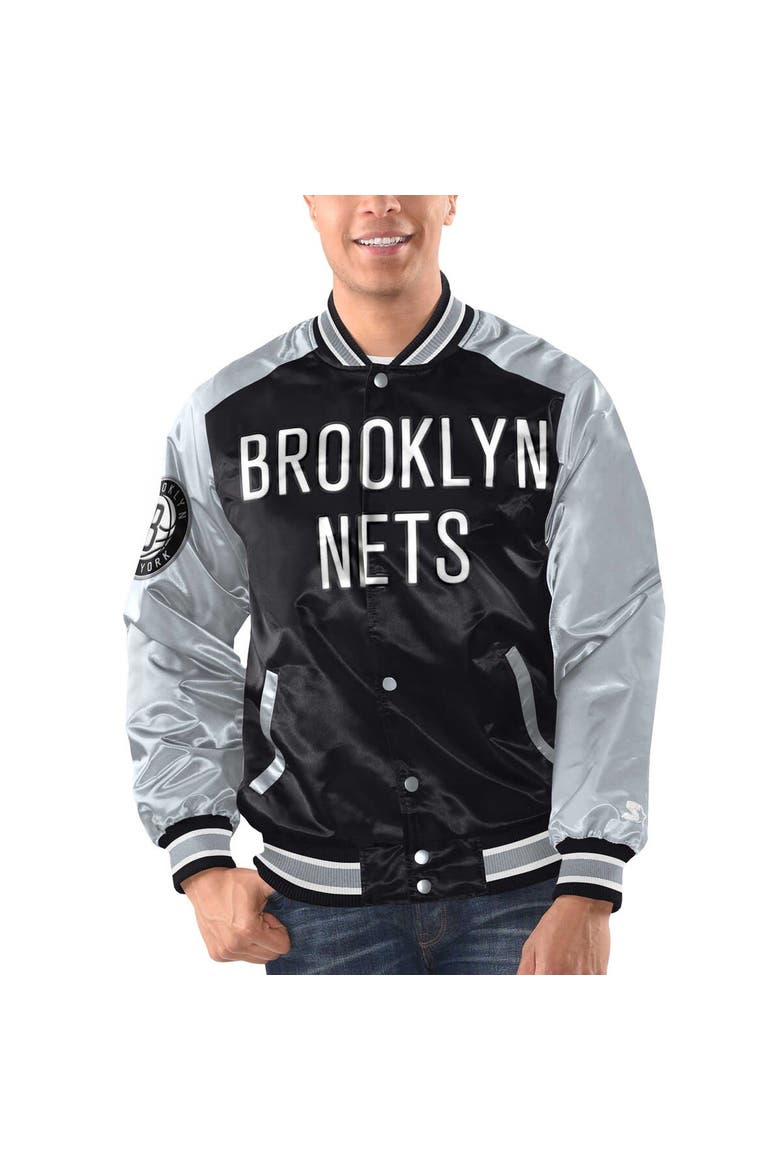 Men's Starter Black/Silver Brooklyn Nets Renegade Satin Full-Snap Varsity Jacket, Alternate, color, Black