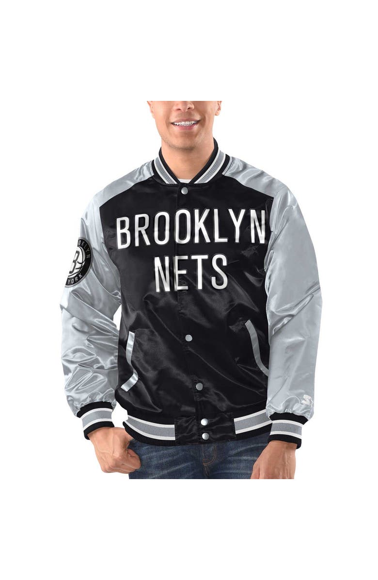 STARTER Men's Starter Black/Silver Brooklyn Nets Renegade Satin Full-Snap Varsity Jacket, Alternate, color, Black