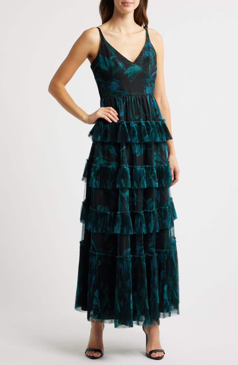 Hutch Freya Tulle Plissé Ruffle Gown, Main, color, Dark Blue Floral