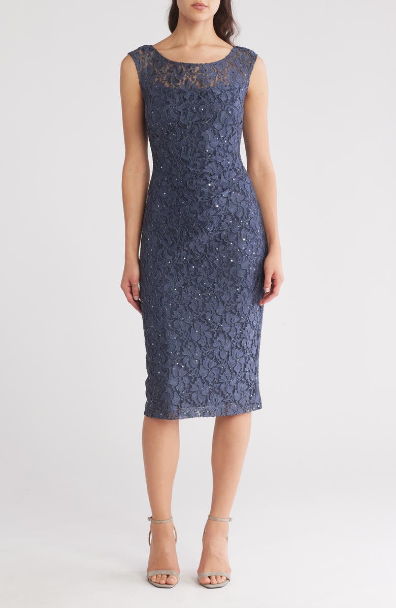 Connected Apparel Sequin Lace Dress, Main, color, Charcoal