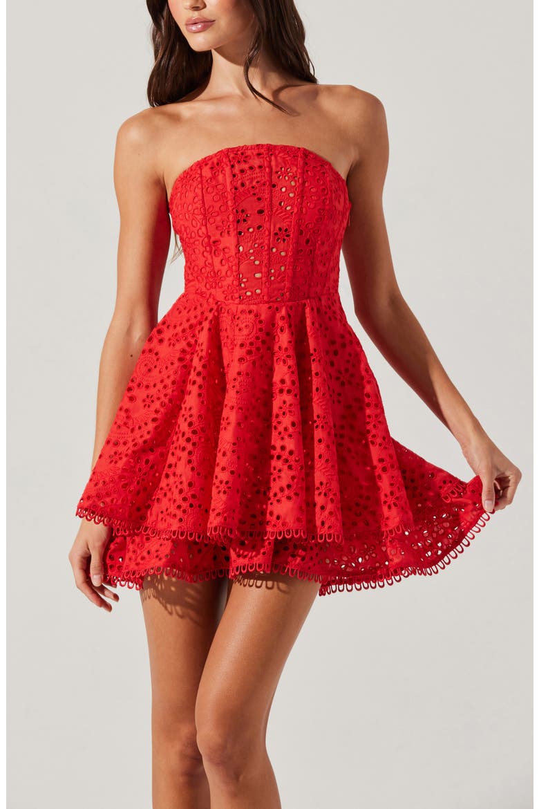 Deasia Eyelet Embroidery Strapless Minidress, Alternate, color, RED