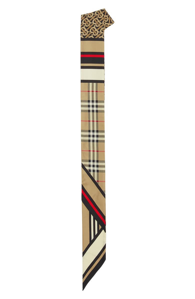 Burberry Monogram, Icon Stripe & Check Silk Skinny Scarf, Alternate, color, Archive Beige