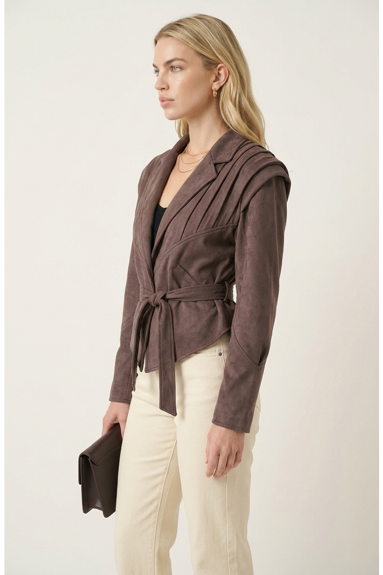Structured Belted Pleated Shoulder Jacket, Alternate, color, Brown