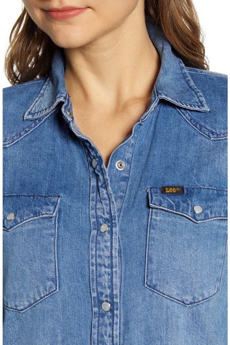Western Denim Midi Shirtdress, Alternate, color, FLINT HILL BLUE