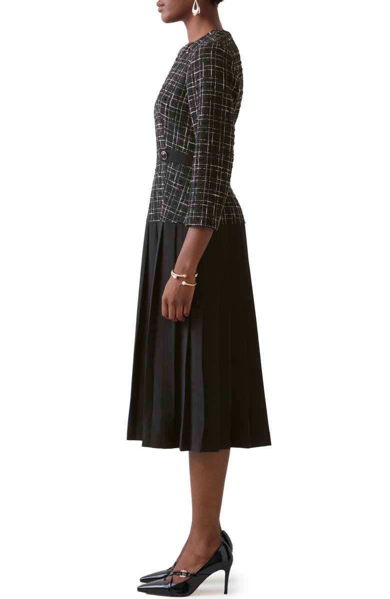 LK Bennett Maxine Metallic Tweed Pleated Dress, Alternate, color, Black Ivory