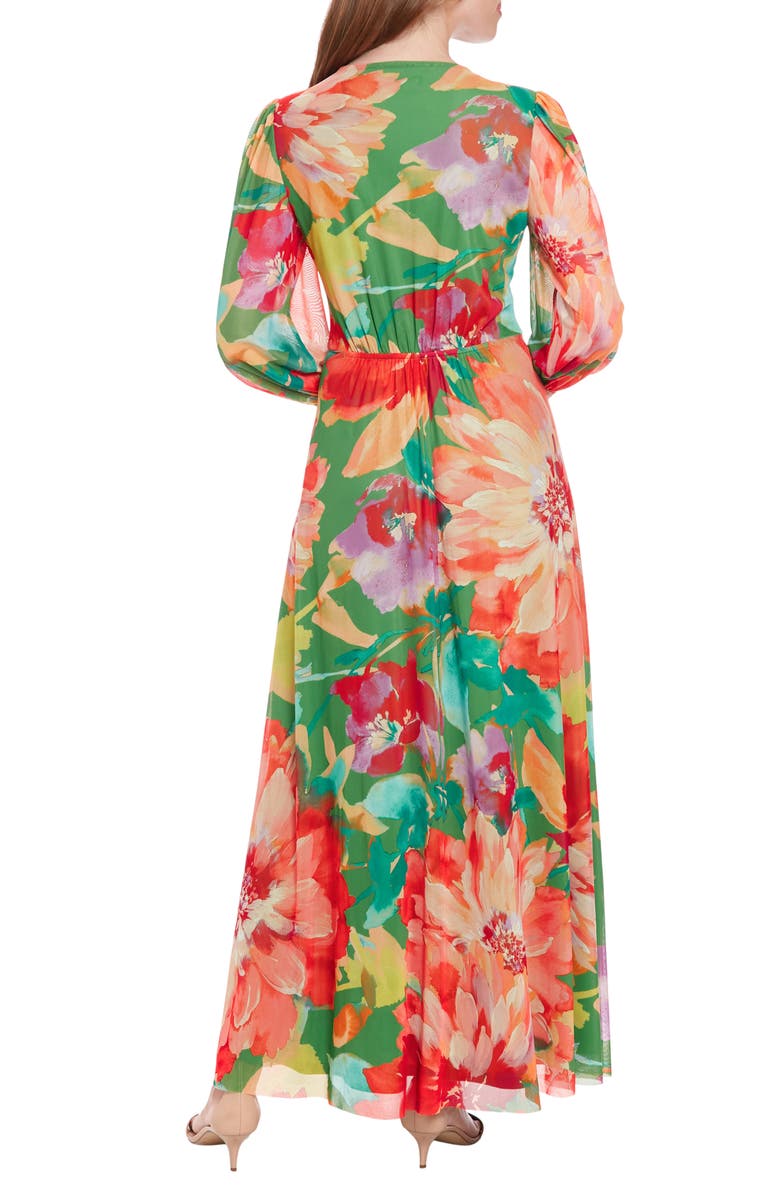 London Times Floral Long Sleeve Mesh Faux Wrap Maxi Dress, Alternate, color, 