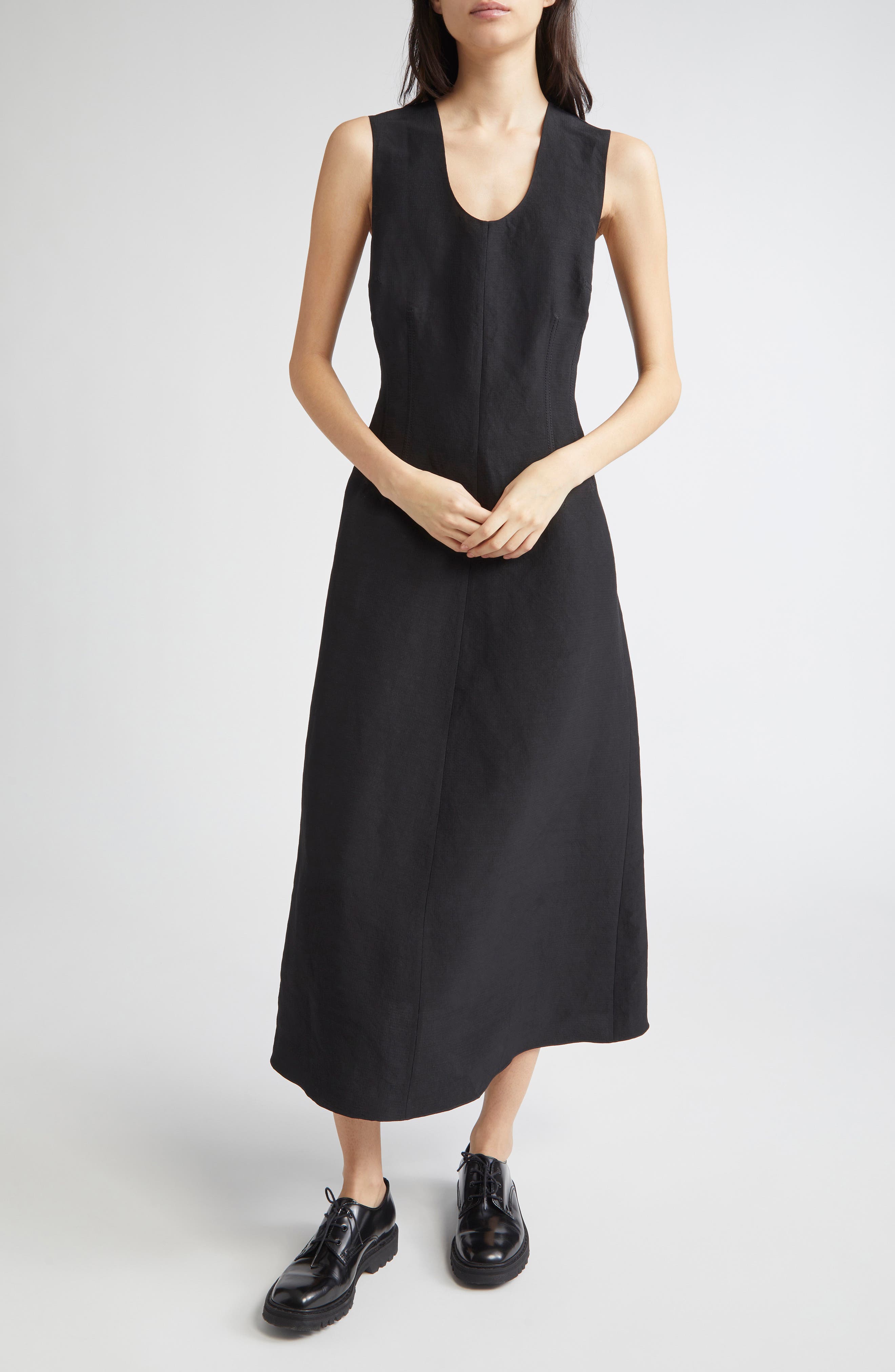PARTOW Haley Sleeveless Ripstop Midi Dress in Black 