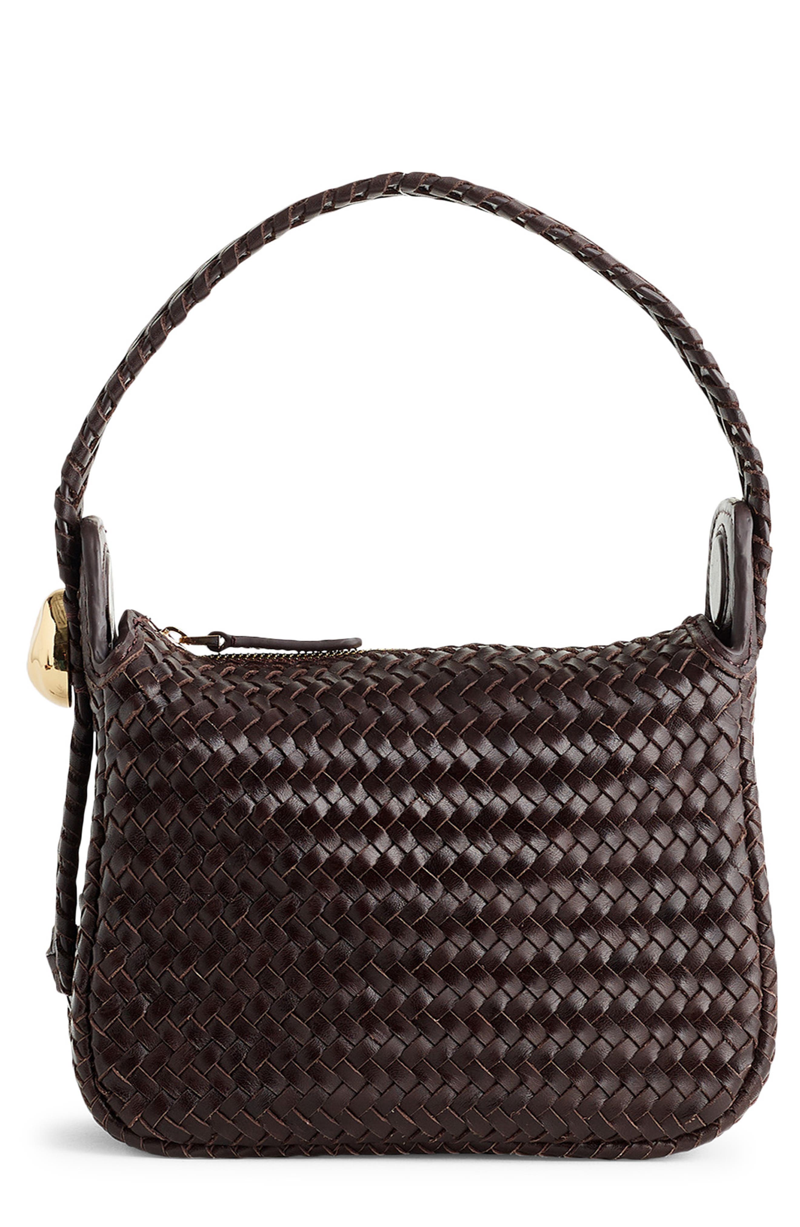 The Sculpted Metal Woven Leather Wristlet Bag, Alternate, color, COFFEE BEAN