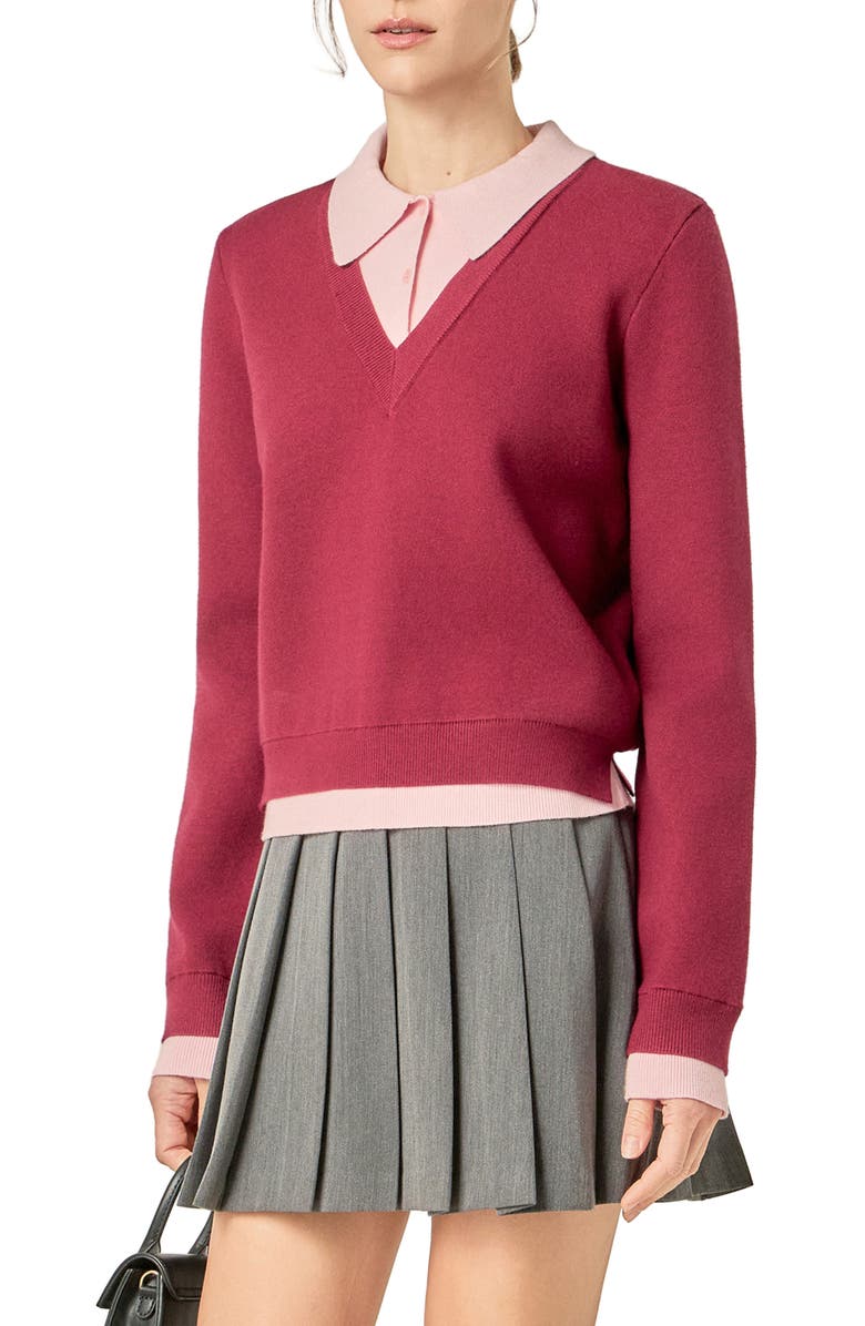 English Factory Layered Collar V-neck Sweater, Alternate, color, Burgundy/ Pink