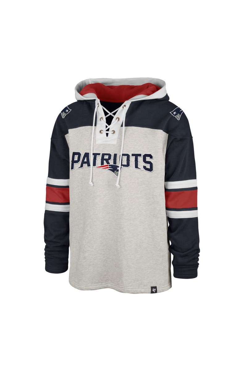 '47 Men's '47 New England Patriots Heather Gray Gridiron Lace-Up Pullover Hoodie, Alternate, color, 