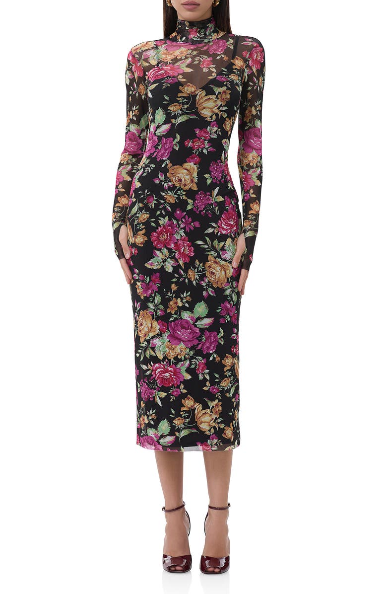AFRM Shailene Turtleneck Long Sleeve Mesh Midi Dress, Main, color, Dusted Floral