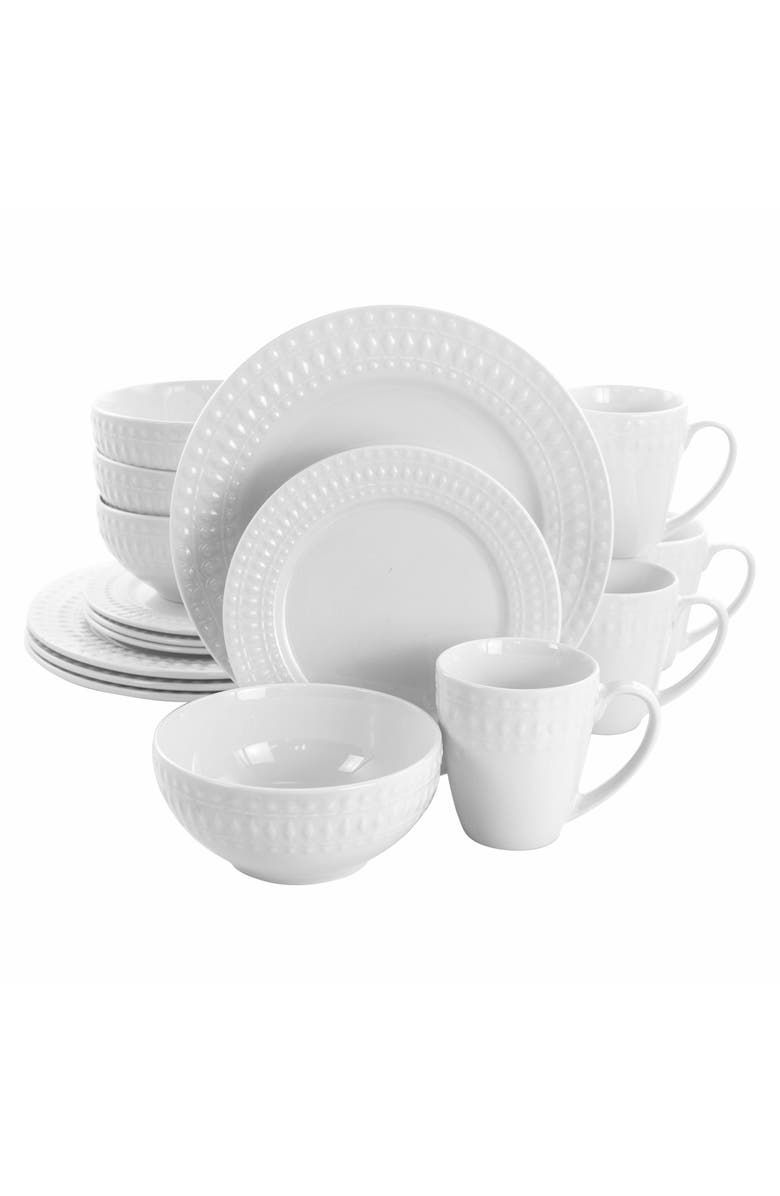 Elama Cara 16 Piece Round Porcelain Dinnerware Set, Main, color, White