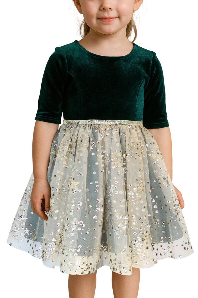 Kids' Sequin Velvet & Mesh Party Dress, Alternate, color, HUNTER / GOLD