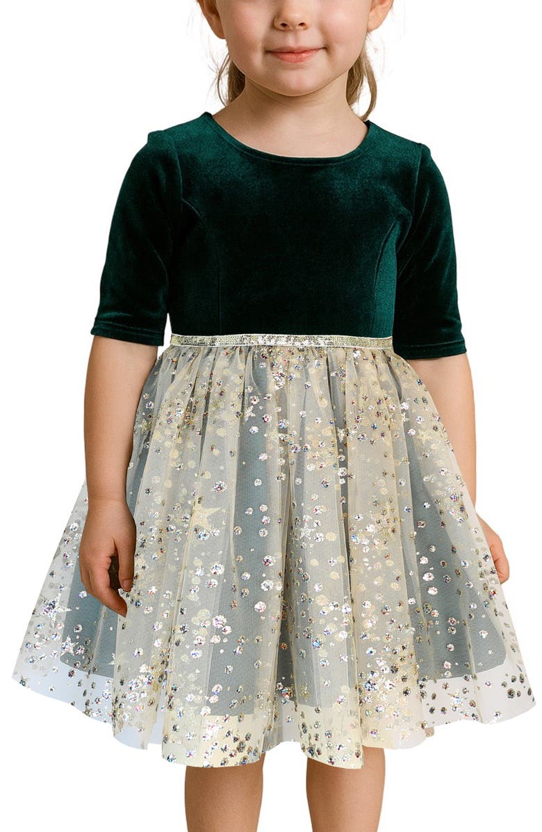 Zunie Kids' Sequin Velvet & Mesh Party Dress, Alternate, color, Hunter / Gold