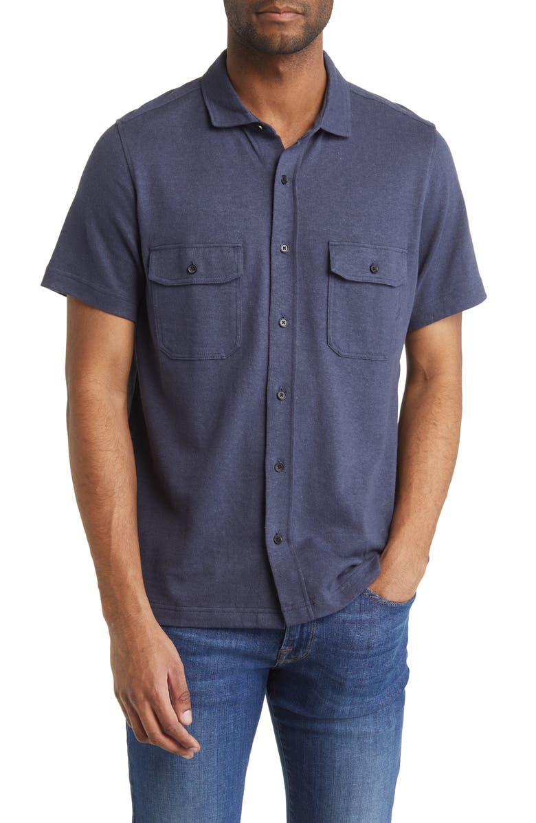 Billy Reid Hemp & Cotton Knit Short Sleeve Button-Up Shirt, Main, color, Navy