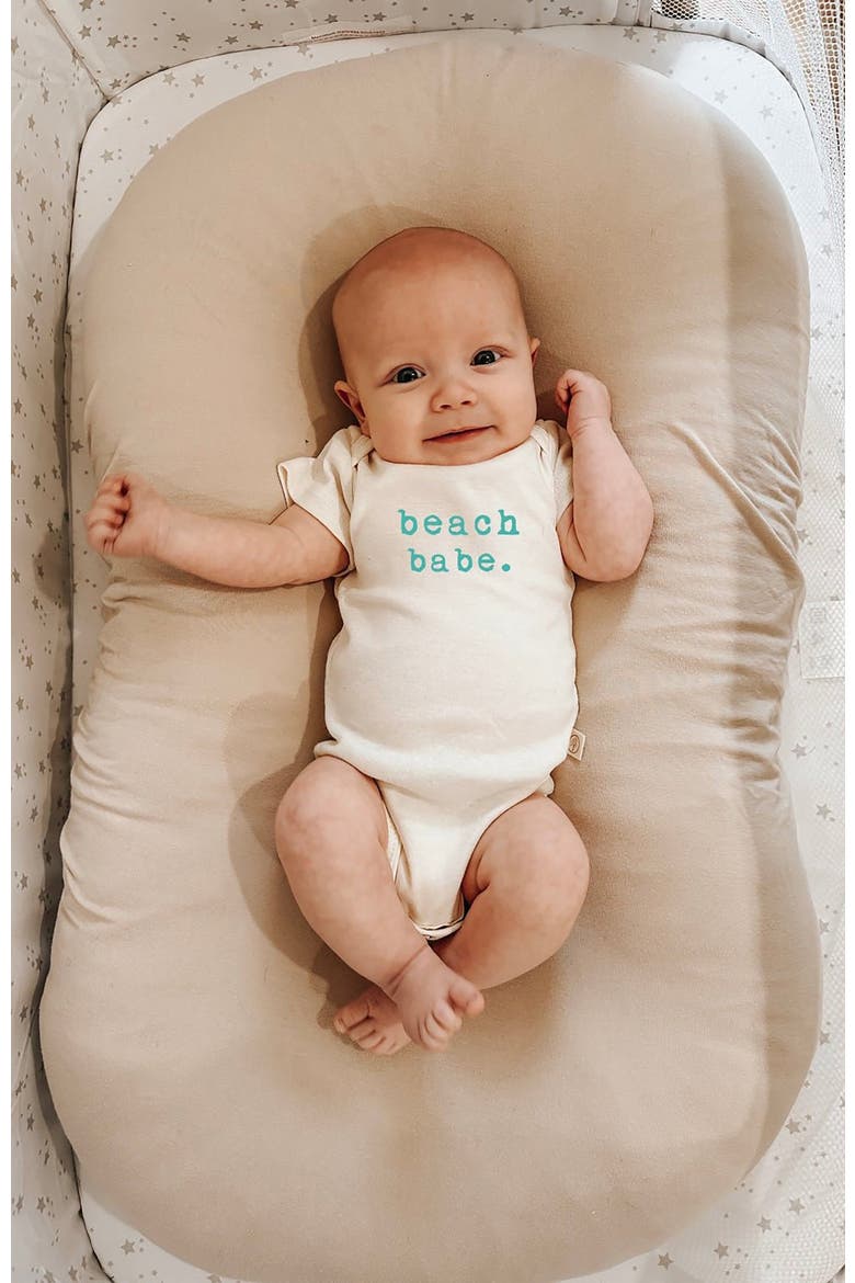 Beach Babe - Organic Short Sleeve Baby Bodysuit, Alternate, color, Natural Seafoam Lettering