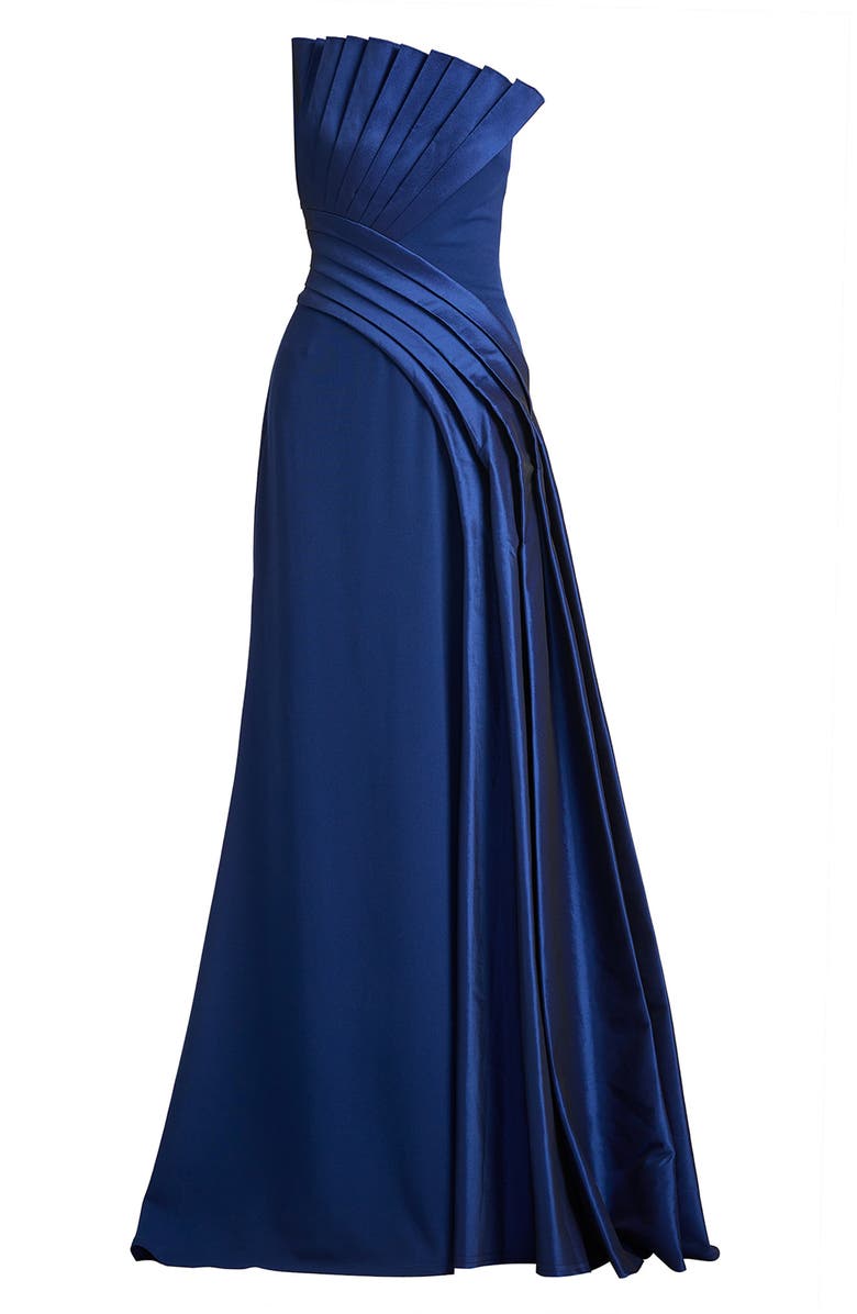 Tadashi Shoji Pleat Detail Strapless Gown, Alternate, color, Navy