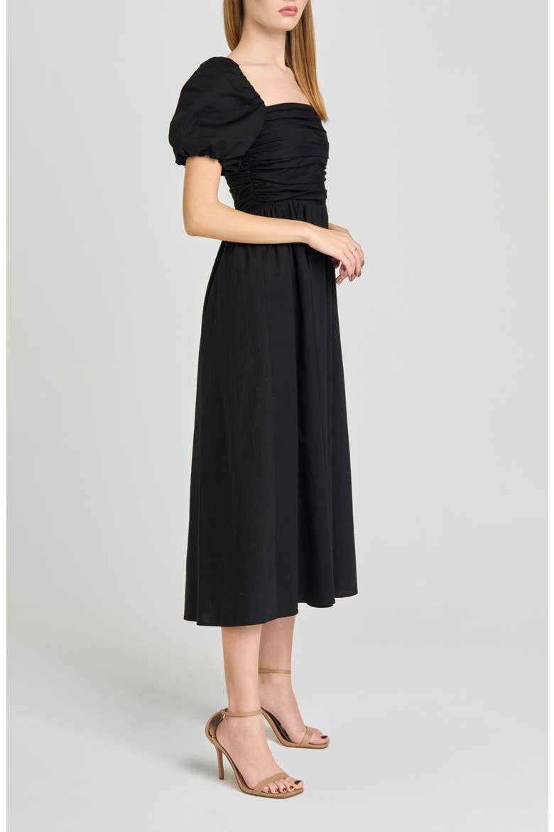 Lucy Ruched Puff Sleeve Midi Dress, Alternate, color, BLACK