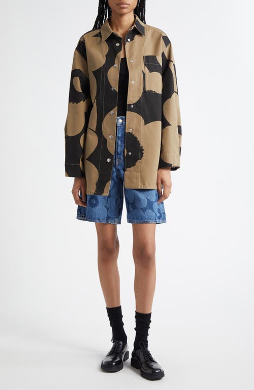Marimekko Abstraktio Unikko Floral Oversize Cotton Snap-up Shirt In Black, Light Brown