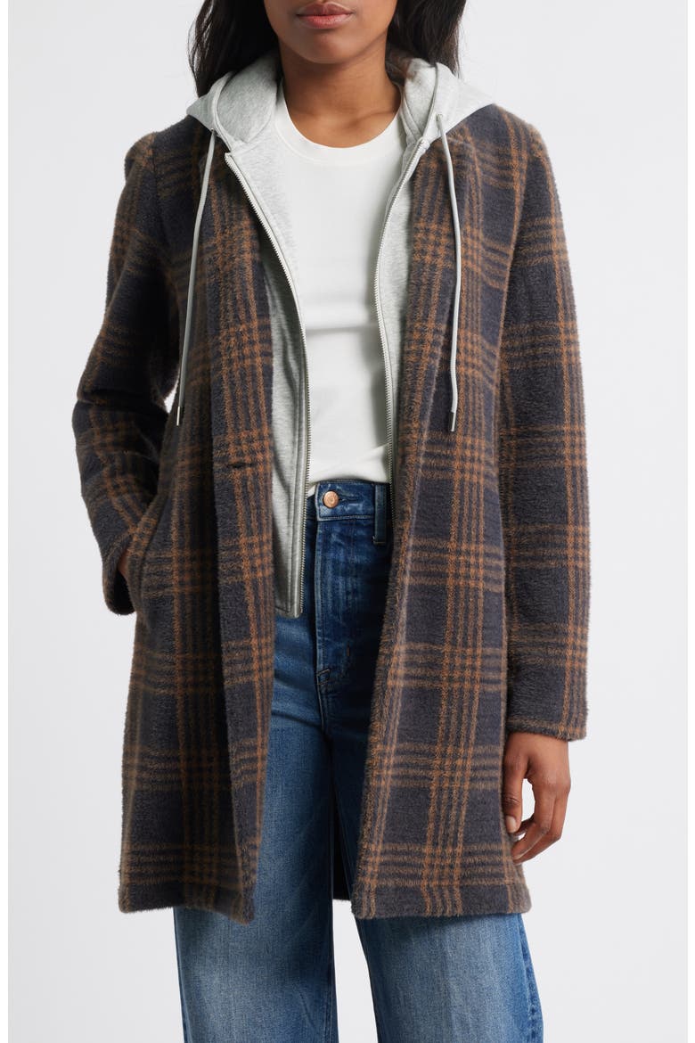 Plaid Coat with Bib Hoodie, Main, color, BLACK COPPER COMBO