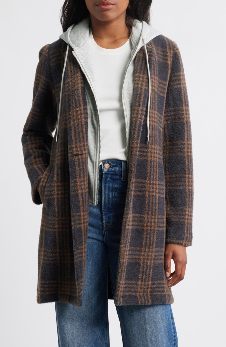 Thread & Supply Plaid Coat with Bib Hoodie, Main, color, Black Copper Combo