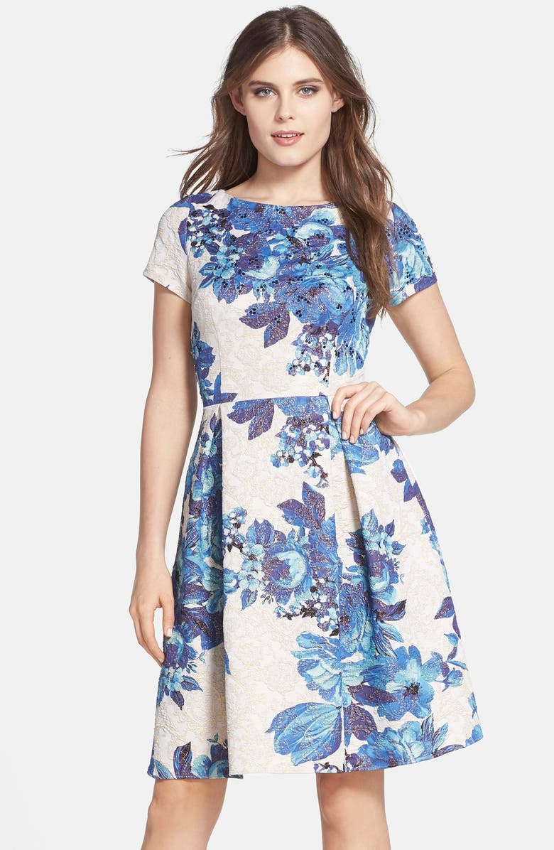 Adrianna Papell Floral Matelassé Fit & Flare Dress, Main, color, 