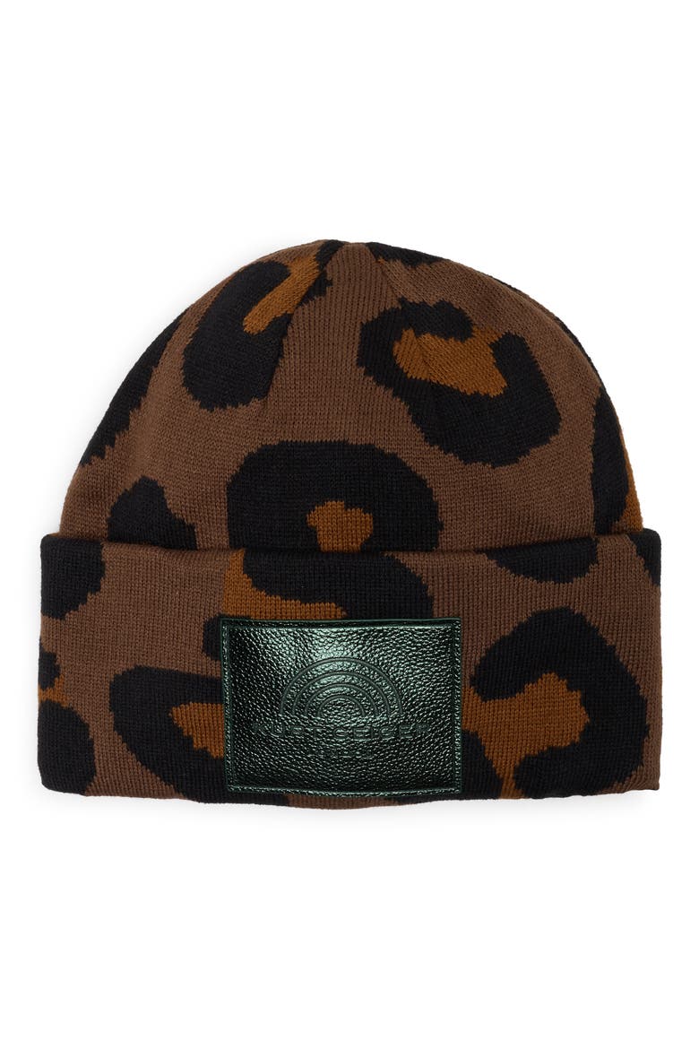 Leopard Cuffed Beanie, Main, color, BROWN
