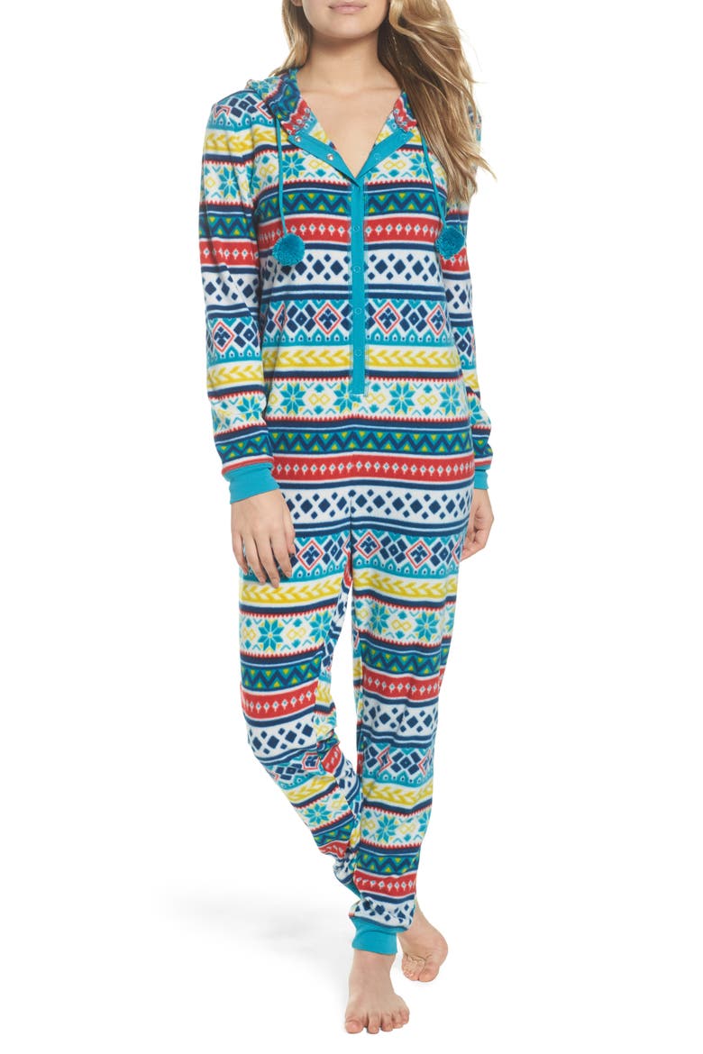 Hooded Pajama Jumpsuit, Main, color, IVORY EGRET FLIRTY FAIRISLE