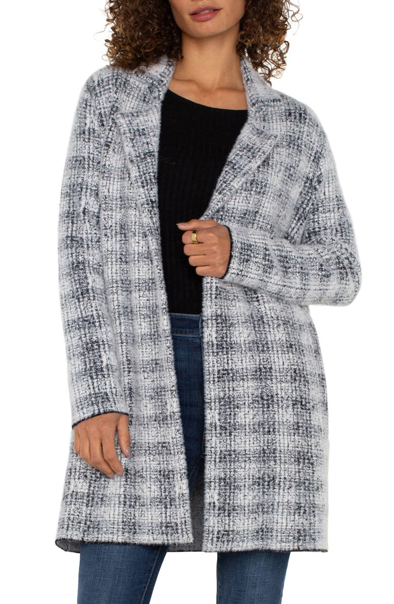 Liverpool Los Angeles Long Open Front Jacket, Main, color, Grey/White Plaid