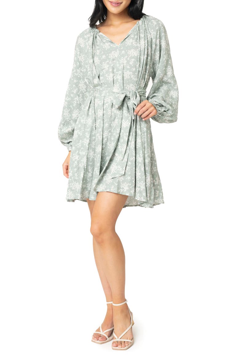 Print Tie Waist Long Sleeve Dress, Main, color, DELICATE SAGE FLORAL