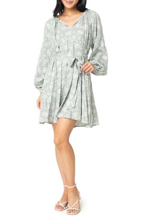 Print Tie Waist Long Sleeve Dress