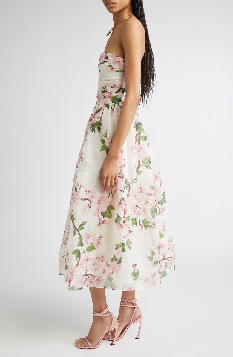 Oscar de la Renta Cherry Blossom Strapless Organdy Midi Dress, Alternate, color, Pink/ Ivory