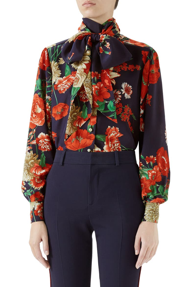 Spring Bouquet Print Tie Neck Silk Blouse, Main, color, BLUE/ RED PRINT