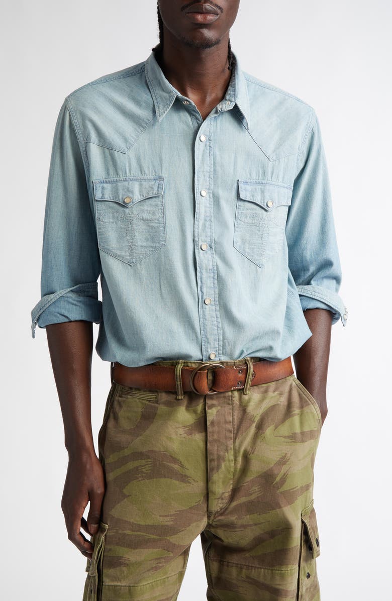 Double RL Buffalo Slim Fit Pearl Snap Denim Western Shirt, Main, color,