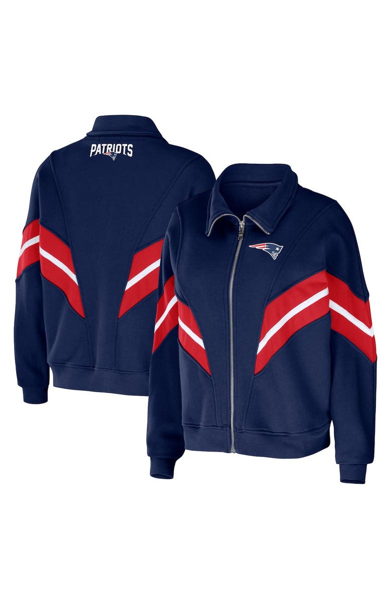 WEAR by Erin Andrews Women's WEAR by Erin Andrews Navy New England Patriots Plus Size Yarn Dye Stripe Full-Zip Jacket, Main, color, Navy