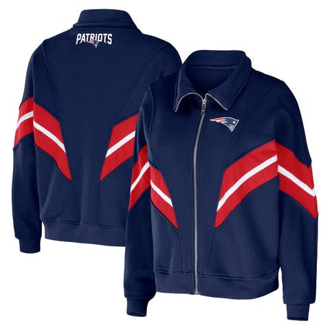 Women's WEAR by Erin Andrews Navy New England Patriots Plus Size Yarn Dye Stripe Full-Zip Jacket