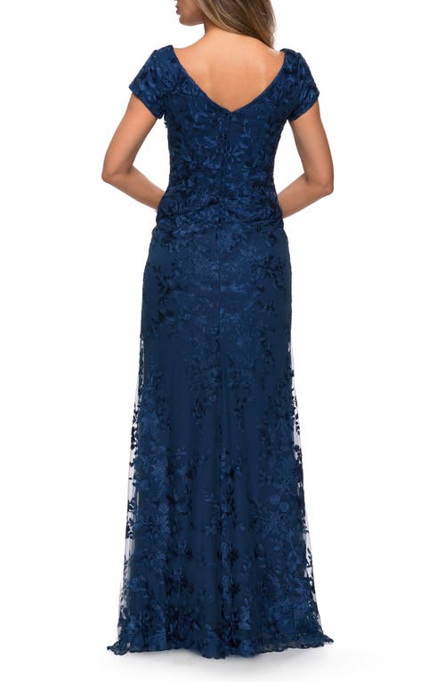 La Femme Long Three Quarter Sleeve Floral Lace Evening Gown In Navy