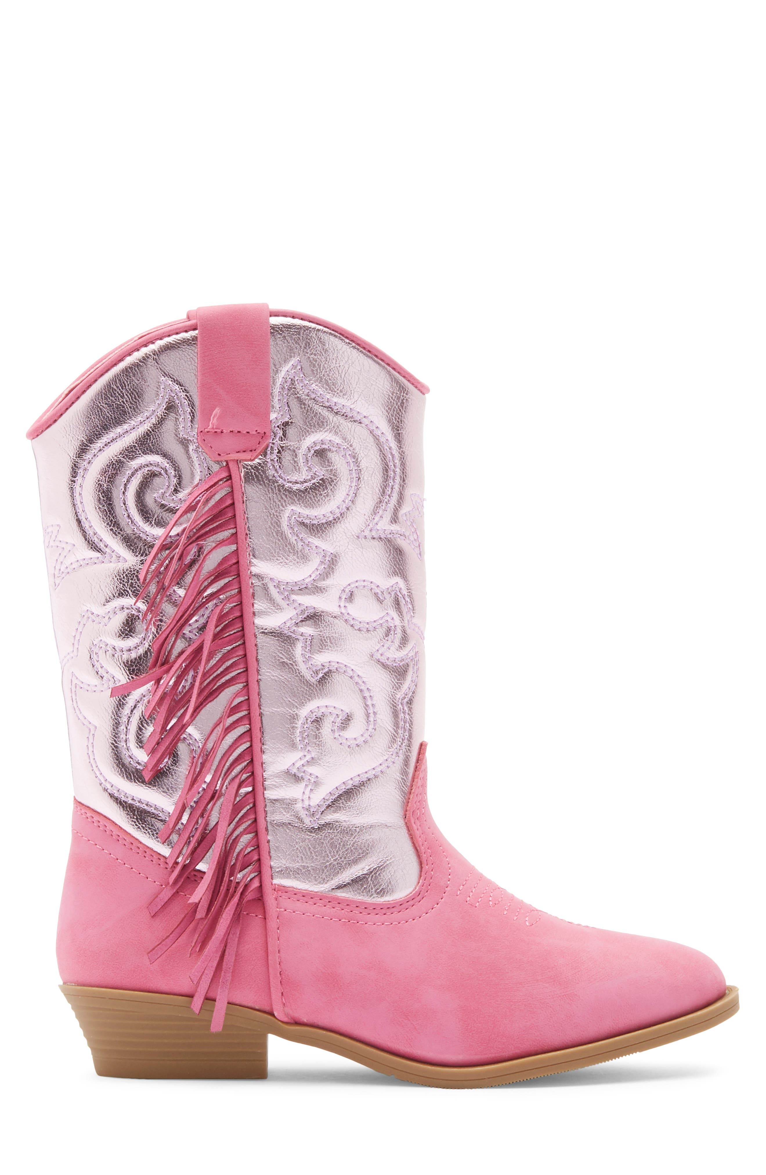 Kids' Fringe Metallic Western Boot, Alternate, color, PINK METALLIC