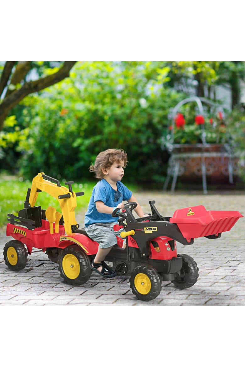 3 in1 Kids Ride On Bulldozer with 6 Wheels, Controllable Cargo Trailer, Easy Pedal, Alternate, color, Red