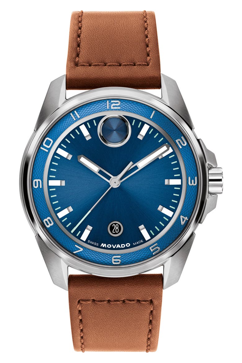 Bold Verso S Leather Strap Watch, 42mm, Main, color, BLUE