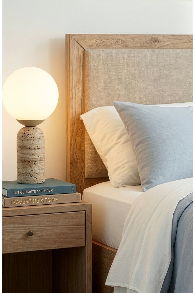 Mila Tall 16" LED Travertine Stone Bedside Table Lamp with Frosted Glass Globe and Built-In 3-Way Dimmer, Alternate, color, Travertine
